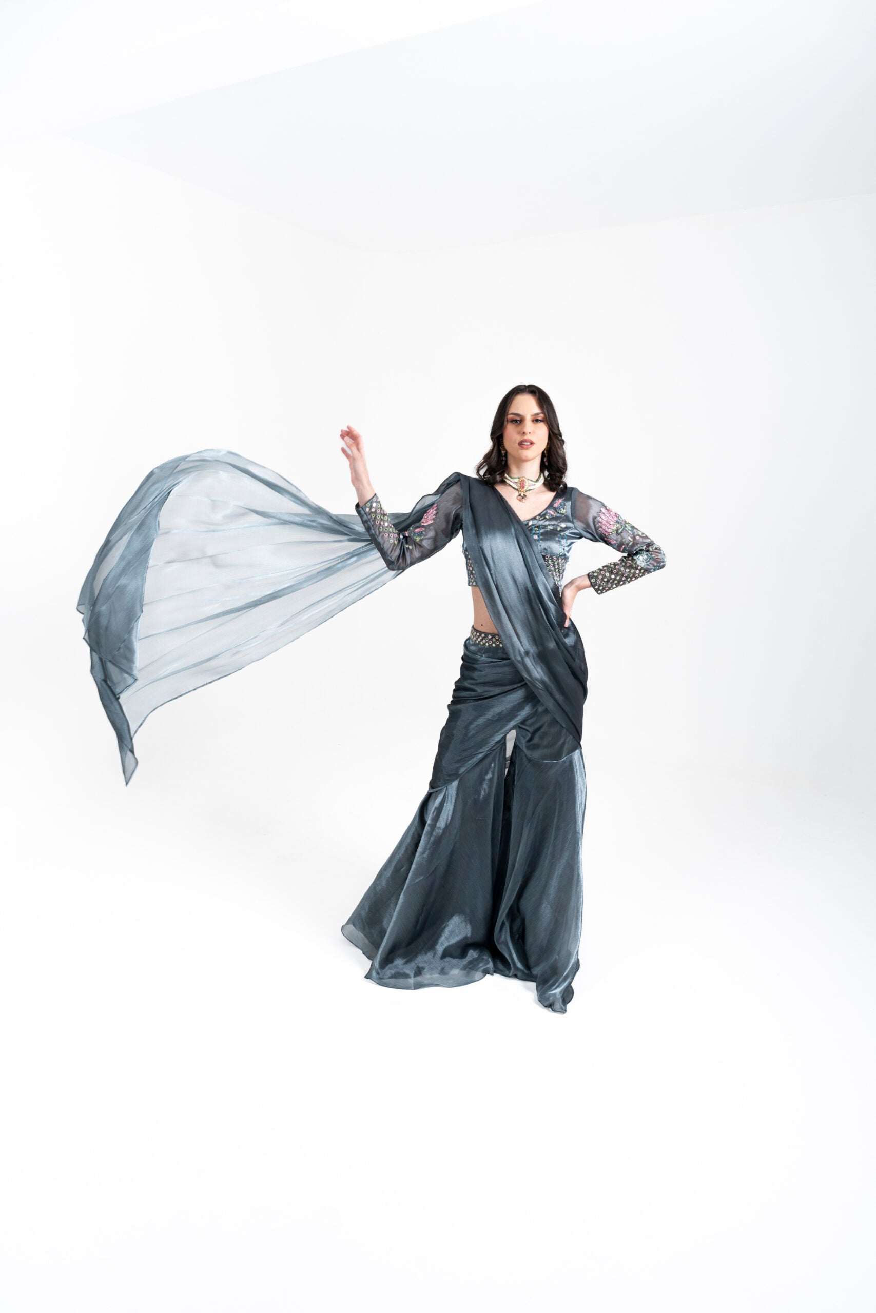 Grey Draped Saree with Hand Embroidery