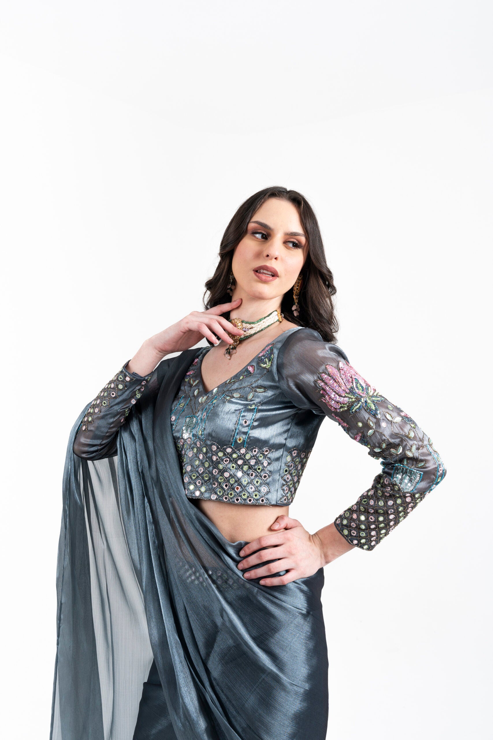 Grey Draped Saree with Hand Embroidery
