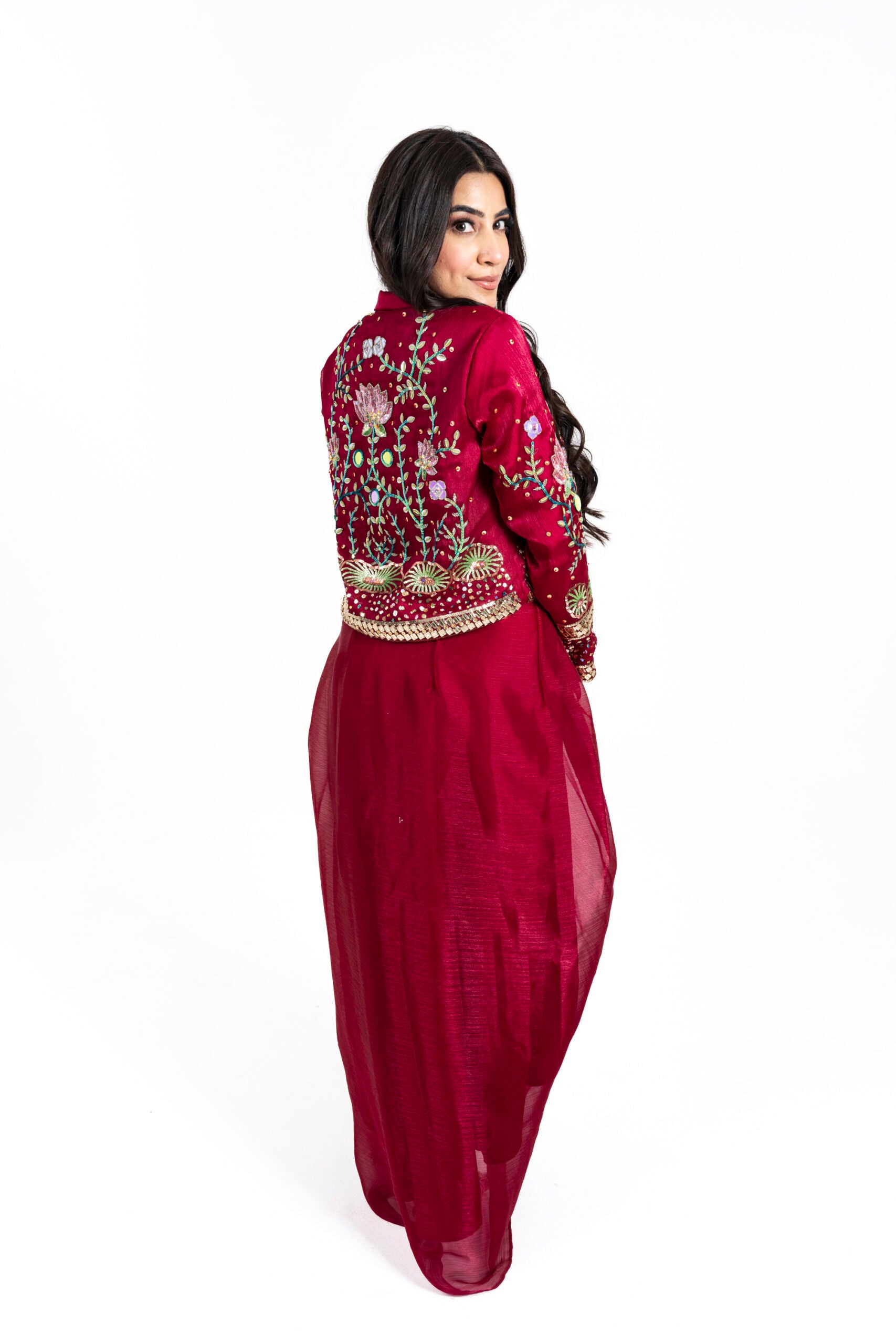 Mehroon Dhoti Set with Embroidered Jacket