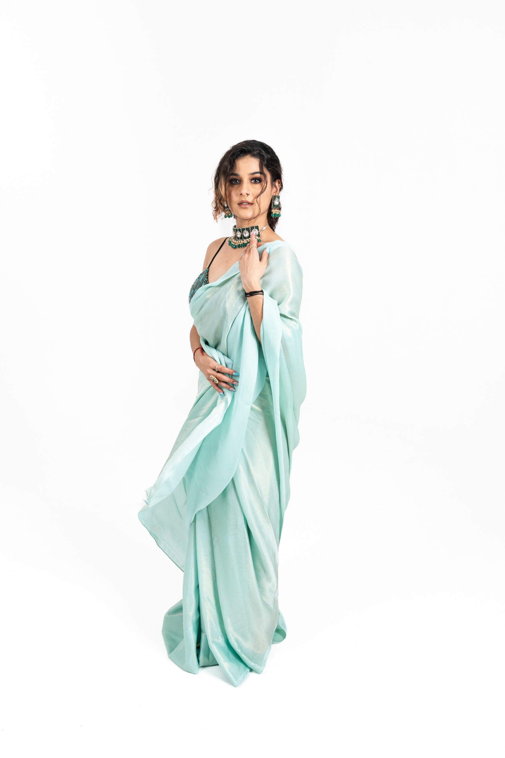 Light Turquoise Saree with Embroidered Blouse