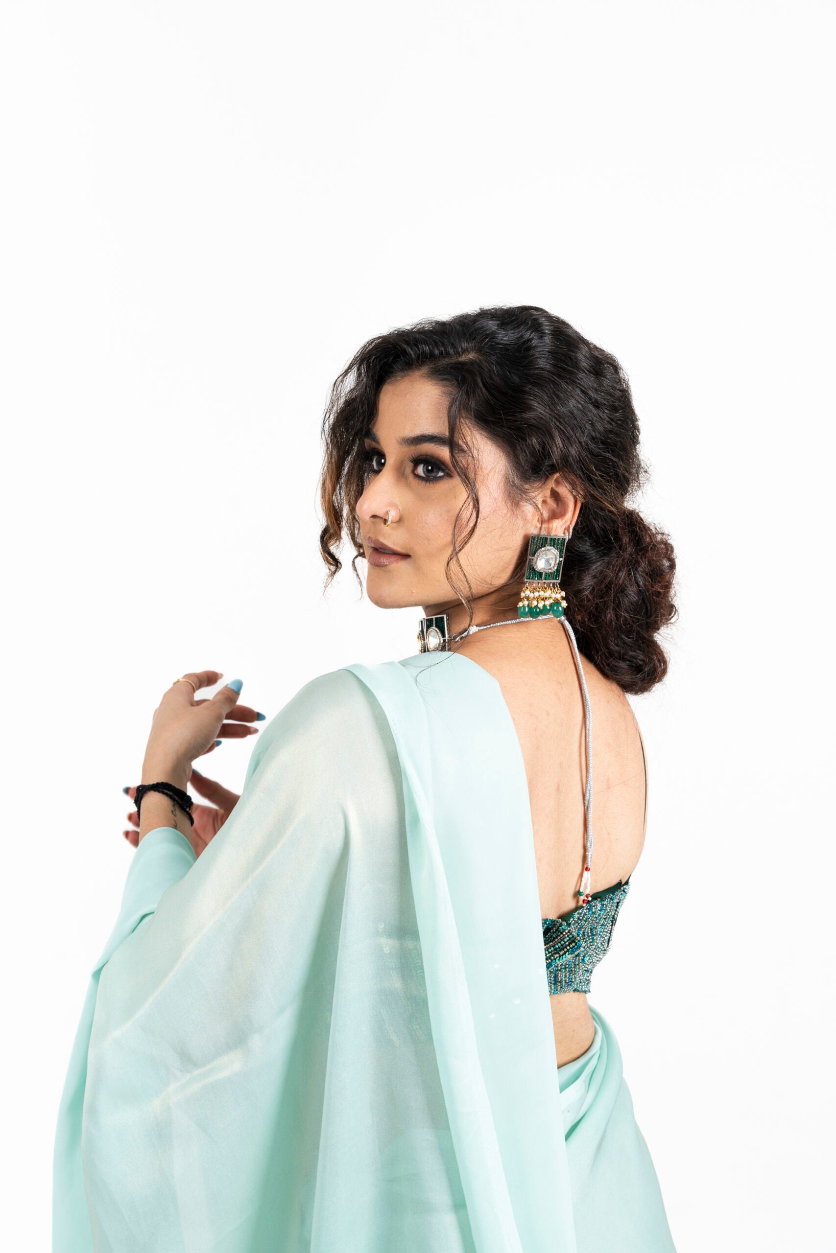 Light Turquoise Saree with Embroidered Blouse