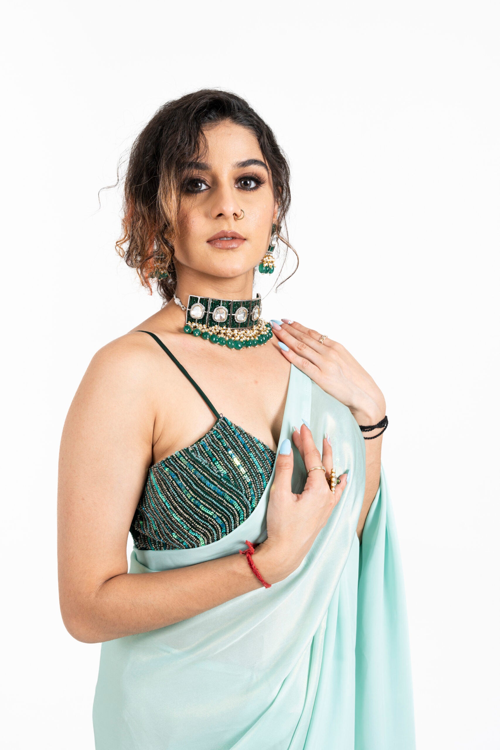 Light Turquoise Saree with Embroidered Blouse