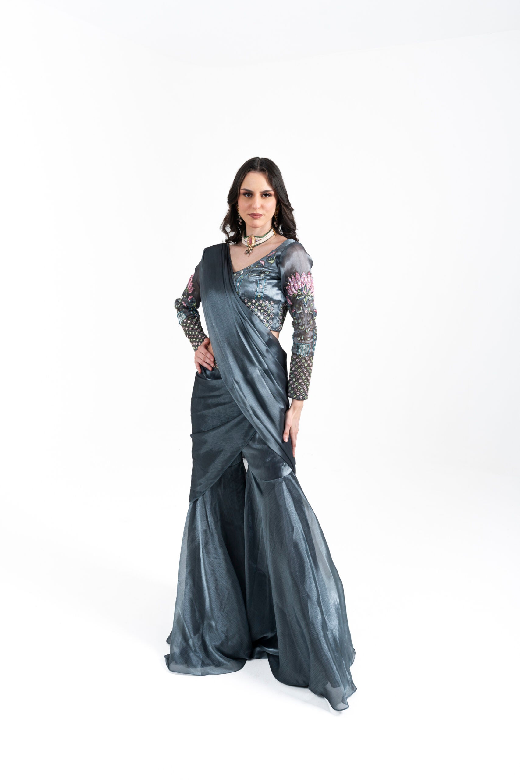 Grey Draped Saree with Hand Embroidery