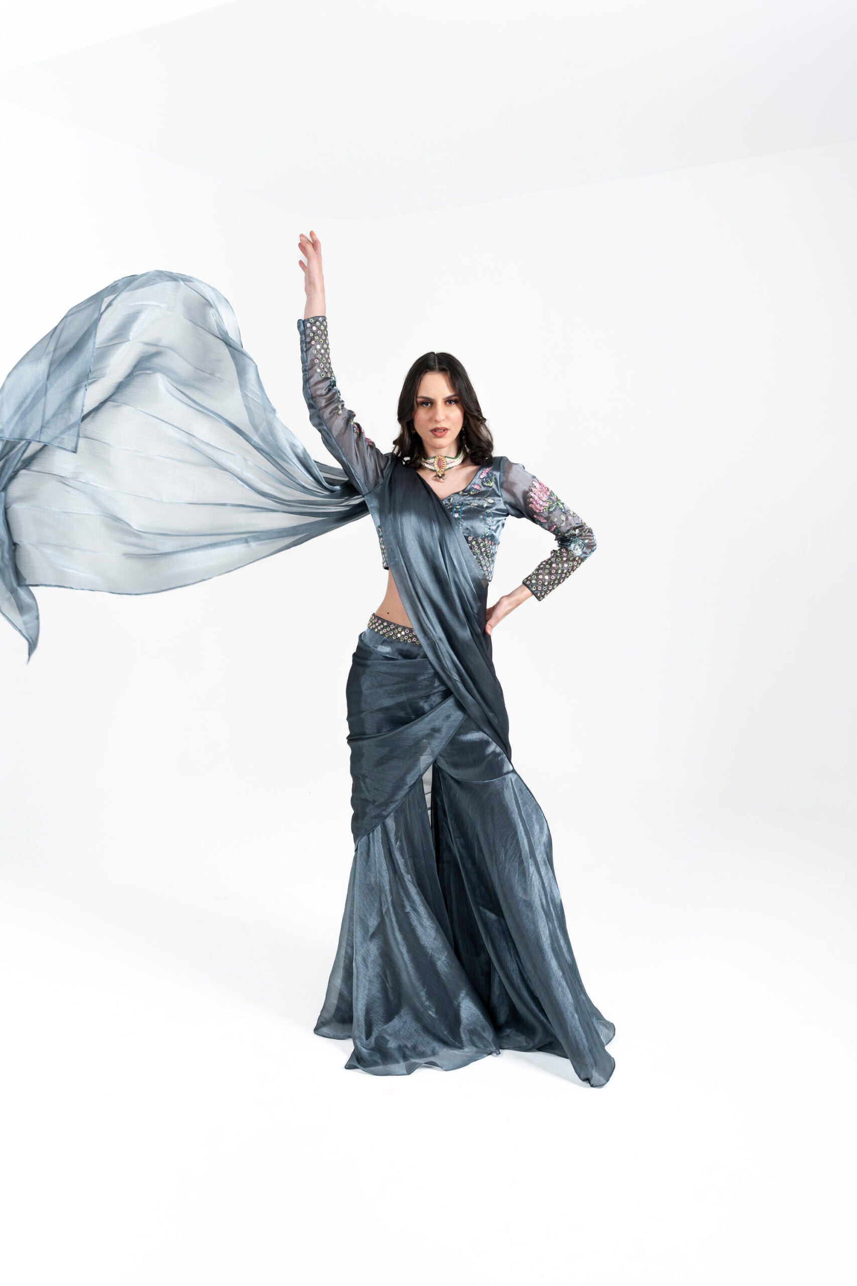 Grey Draped Saree with Hand Embroidery