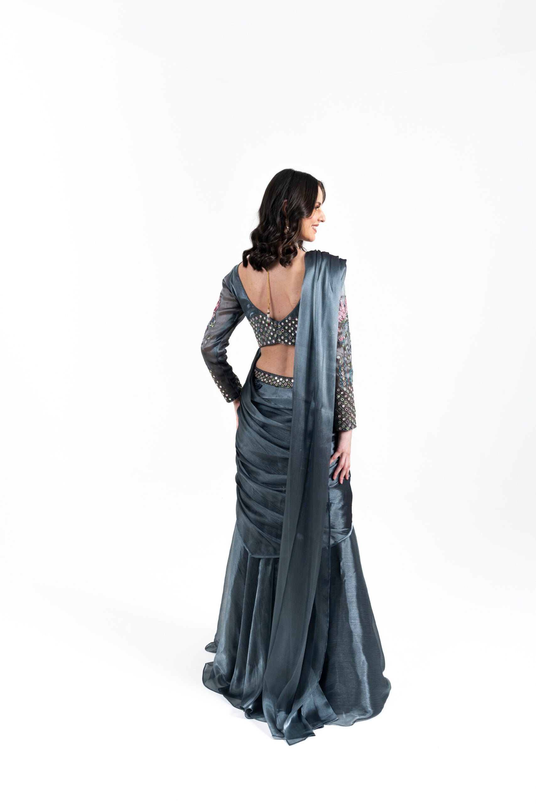 Grey Draped Saree with Hand Embroidery